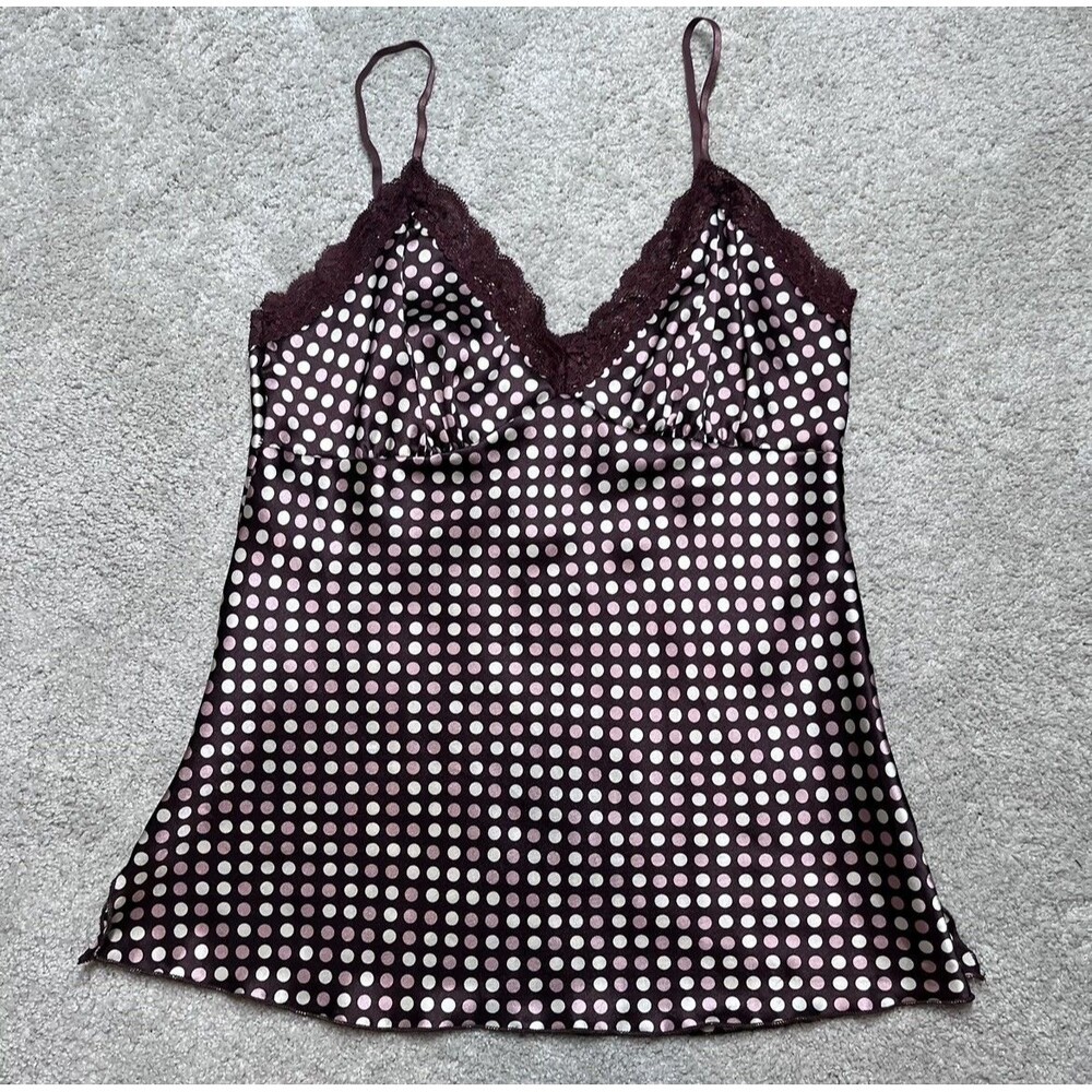 Vintage Y2K Silky Lace Polka Dot Camisole Slip Top Womens Medium Shirt Brown